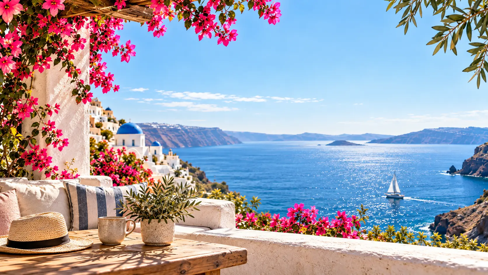 Sunlit Mediterranean terrace with pink bougainvillea and a sea view